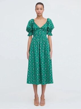 Hill House The Ophelia Dress In Emerald Green Trellis